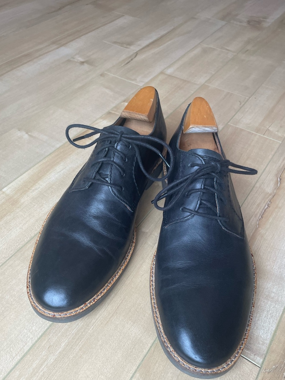 Clarks Black Leather Derby Shoes with Tan Welt